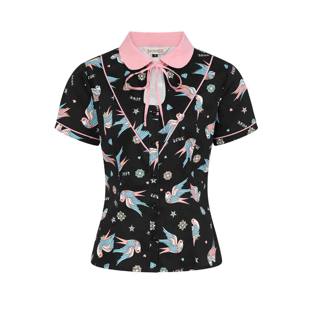 Banned - Marilou Swallows Contrast Collar Blouse - Zwart